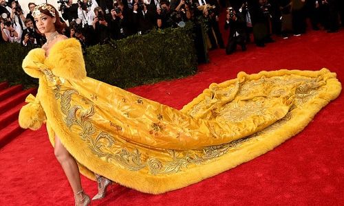 Rihanna in a show-stopping Guo Pei number at this year's Met Gala.
<br>
Photo: Getty Images