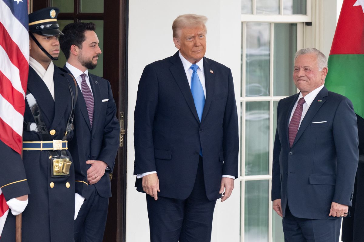 US President Donald Trump greets Jordan's King Abdullah II (R) and Jordan's Crown Prince Hussein (L) as they arrive for a meeting at the West Wing of the White House in Washington, DC, February 11, 2025. (Photo by SAUL LOEB / AFP) (Photo by SAUL LOEB/AFP via Getty Images)          