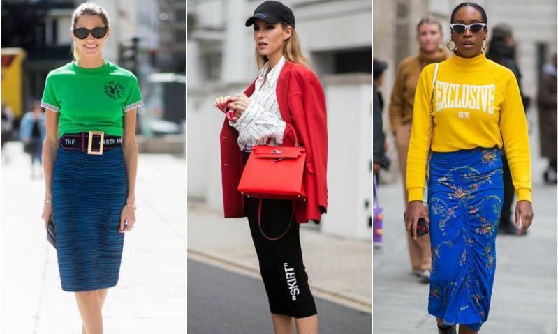 Helena Bordon, Alexandra Lapp and Chrissy Rutherford give an edgy spin to their pencil skirts with sporty pieces