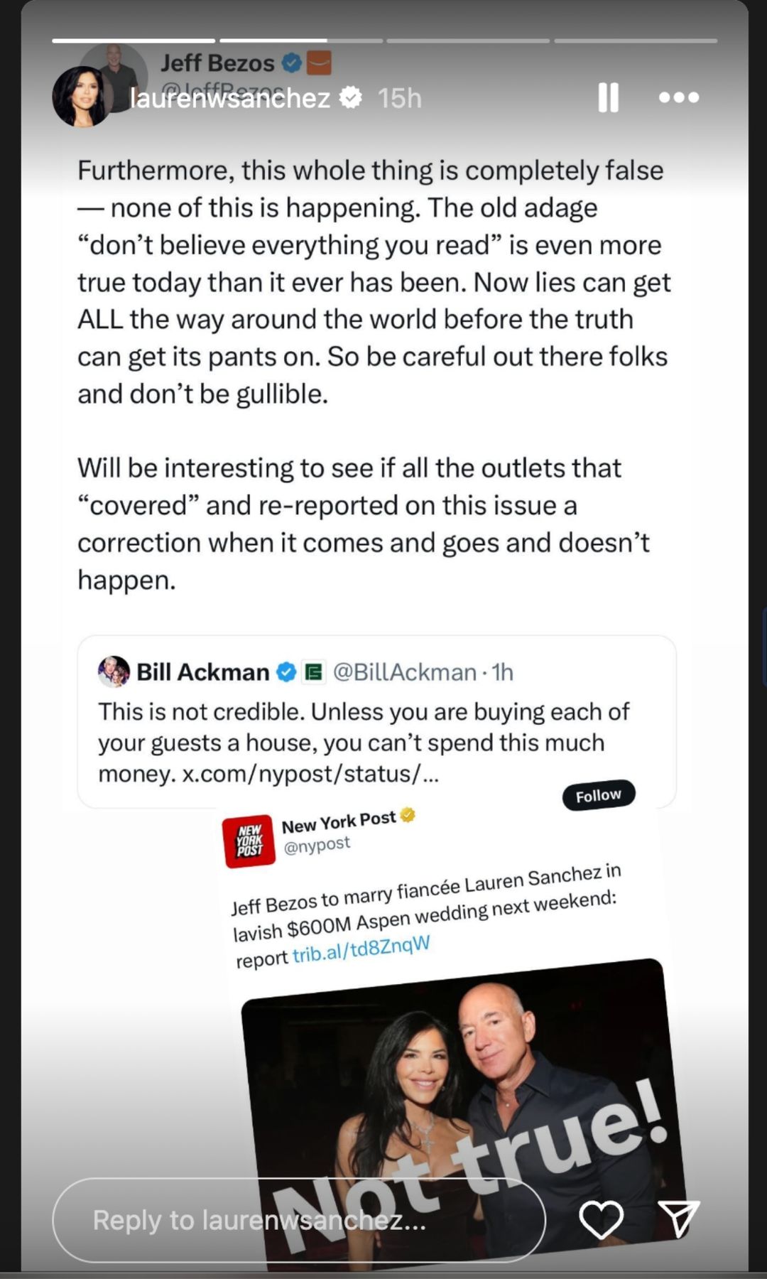 Lauren Sánchez acabó con los rumores volviendo a publicar la publicación de Bezos en sus historias de Instagram y simplemente agregando 