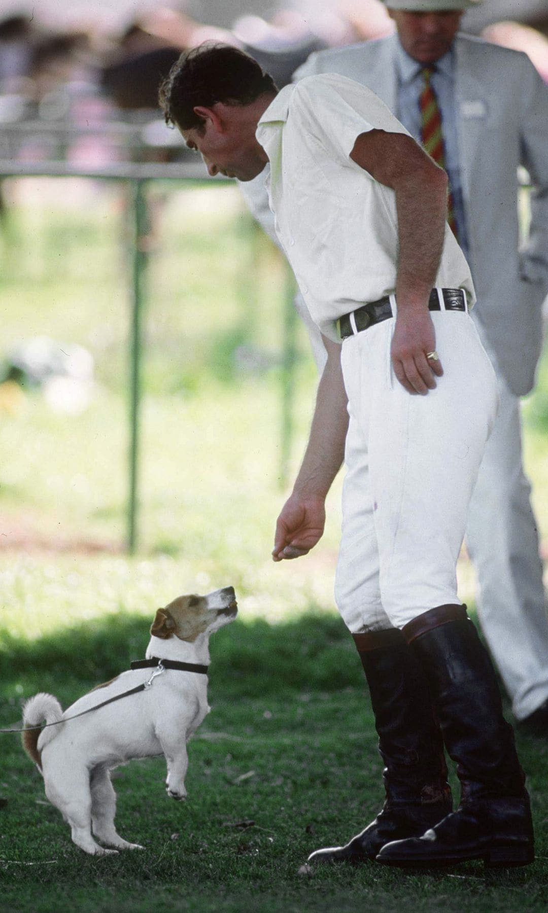 CIRENCESTER, UNITED KINGDOM - AUGUST 06:  Prince Charles With His Jack Russell Terrier Dog  Tigga (tigger) At Cirencester Park Polo Grounds (exact Day Date Not Certain)  (Photo by Tim Graham Photo Library via Getty Images)