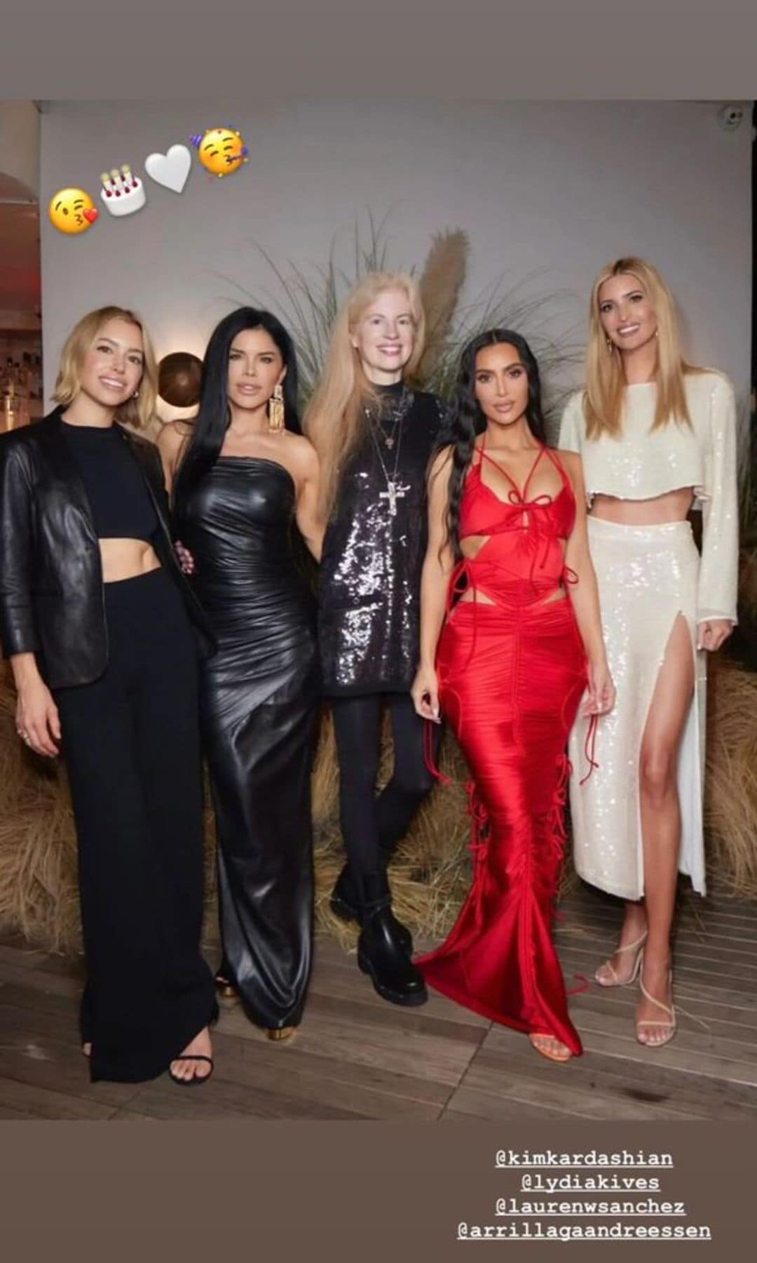 Kim Kardashian, Ivanka Trump, and their friends: Lydia Kives, Lauren Sánchez, and Laura Arrillaga-Andreessen.