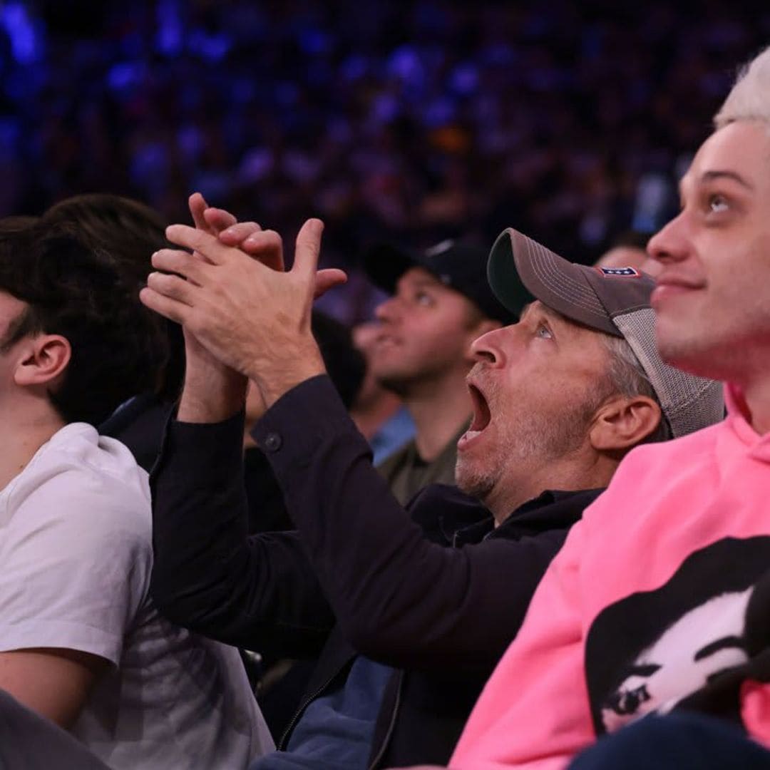 Pete Davidson sits courtside at the Knicks game with Chris Rock and Jon Stewart