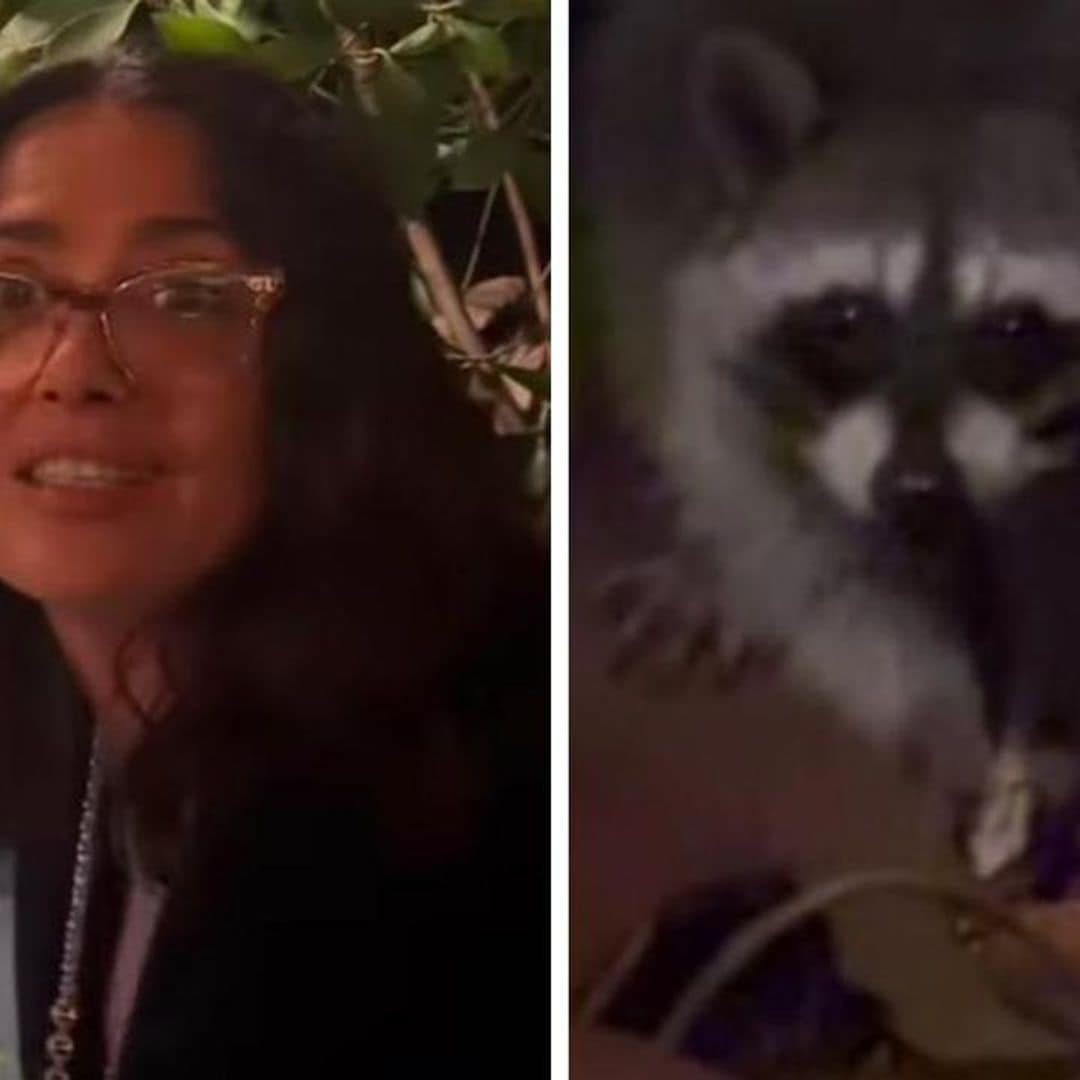 Salma Hayek befriends raccoons using pizza and encourages them to share