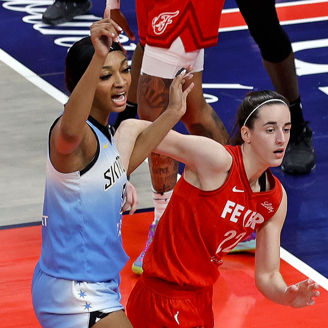 Chicago Sky forward Angel Reese (5) is guarded by Indiana Fever guard Caitlin Clark (22) on June 1, 2024, at Gainbridge Fieldhouse in Indianapolis, Indiana.