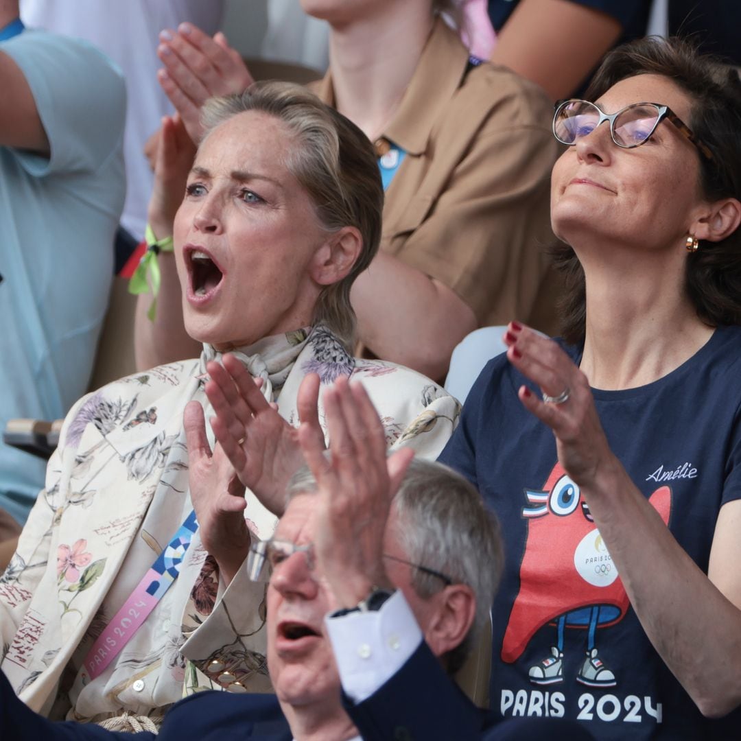 Sharon Stone, French Minister of Sports Amelie Oudea-Castera attend the men's tennis final between Novak Djokovic of Serbia and Carlos Alcaraz of Spain on day nine of the Olympic Games Paris 2024.