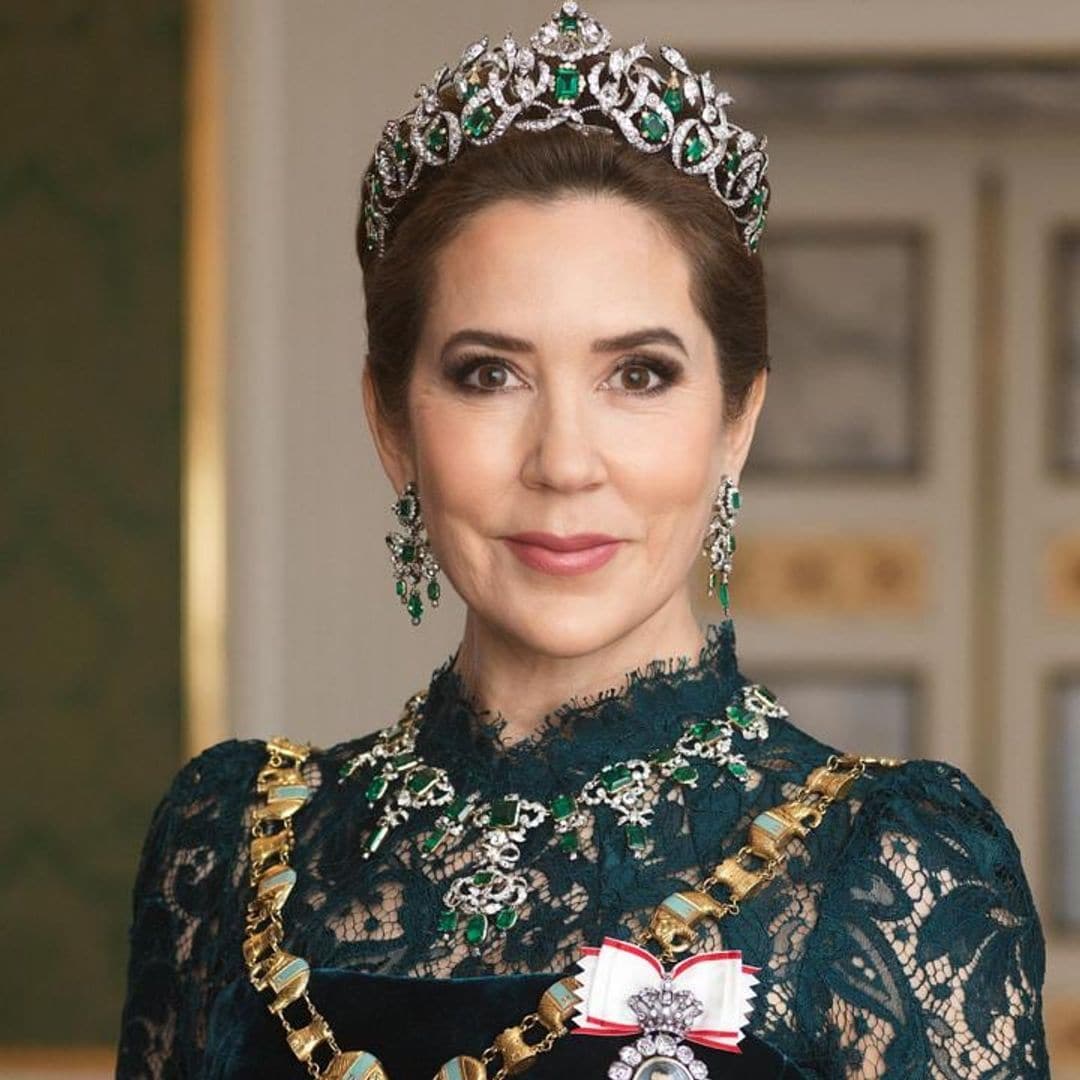 Queen Mary dazzles in emerald crown jewels for the first time in new gala portraits