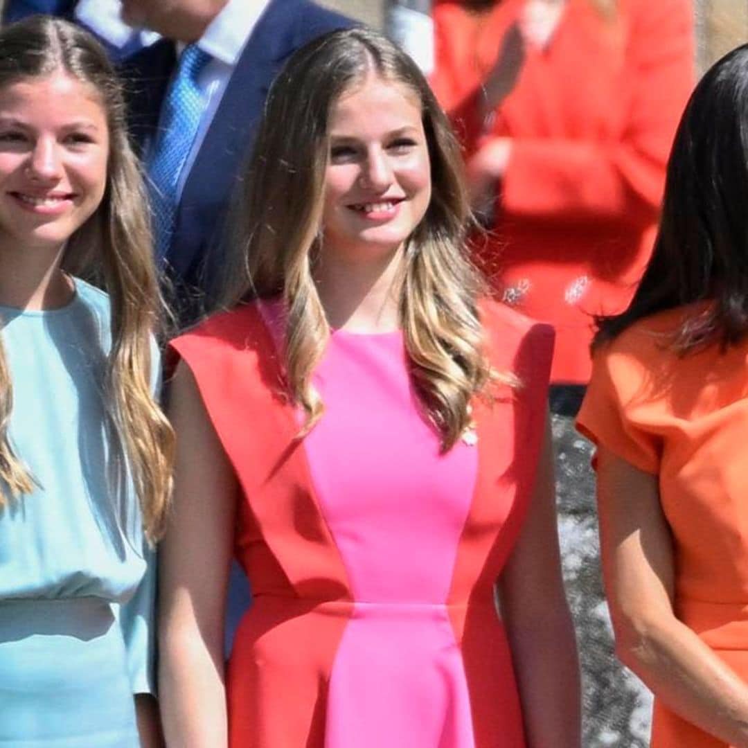 Queen Letizia and daughters step out in colorful dresses