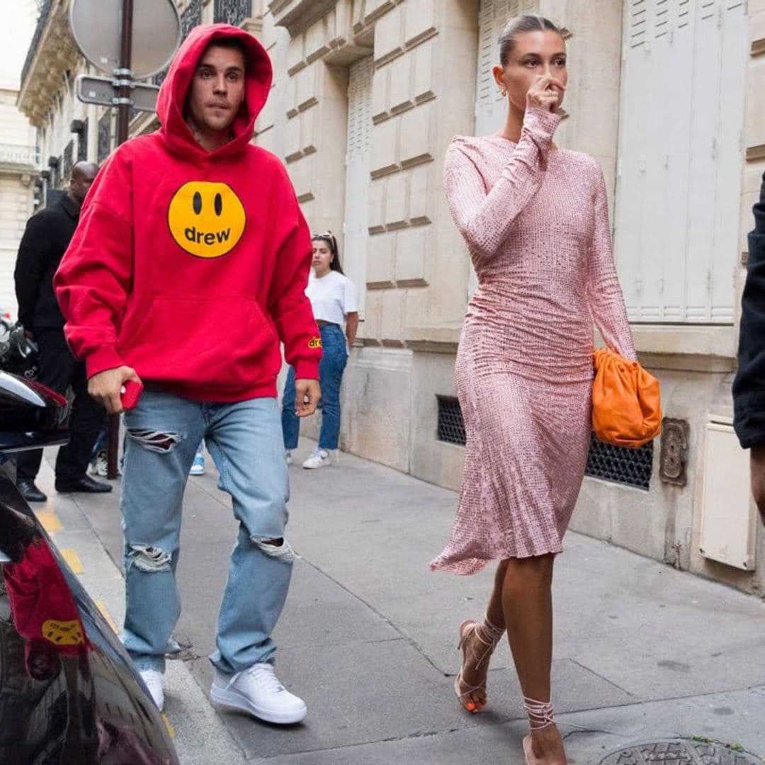 Hailey Bieber looks pretty in pink while headed to dinner with Justin Bieber in Paris