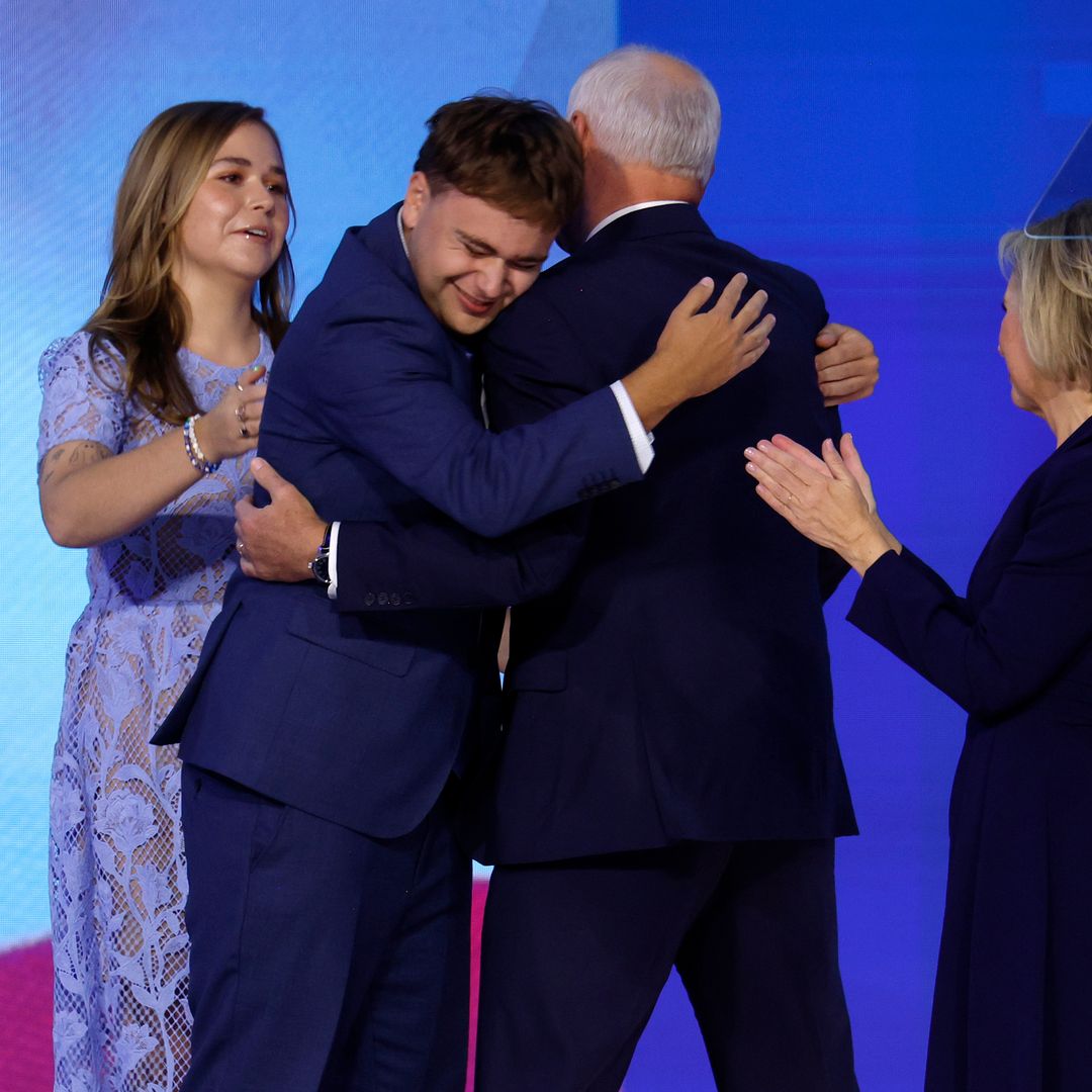 Tim Walz's teenage son, Gus, couldn't contain his tears after spotting his dad at the DNC