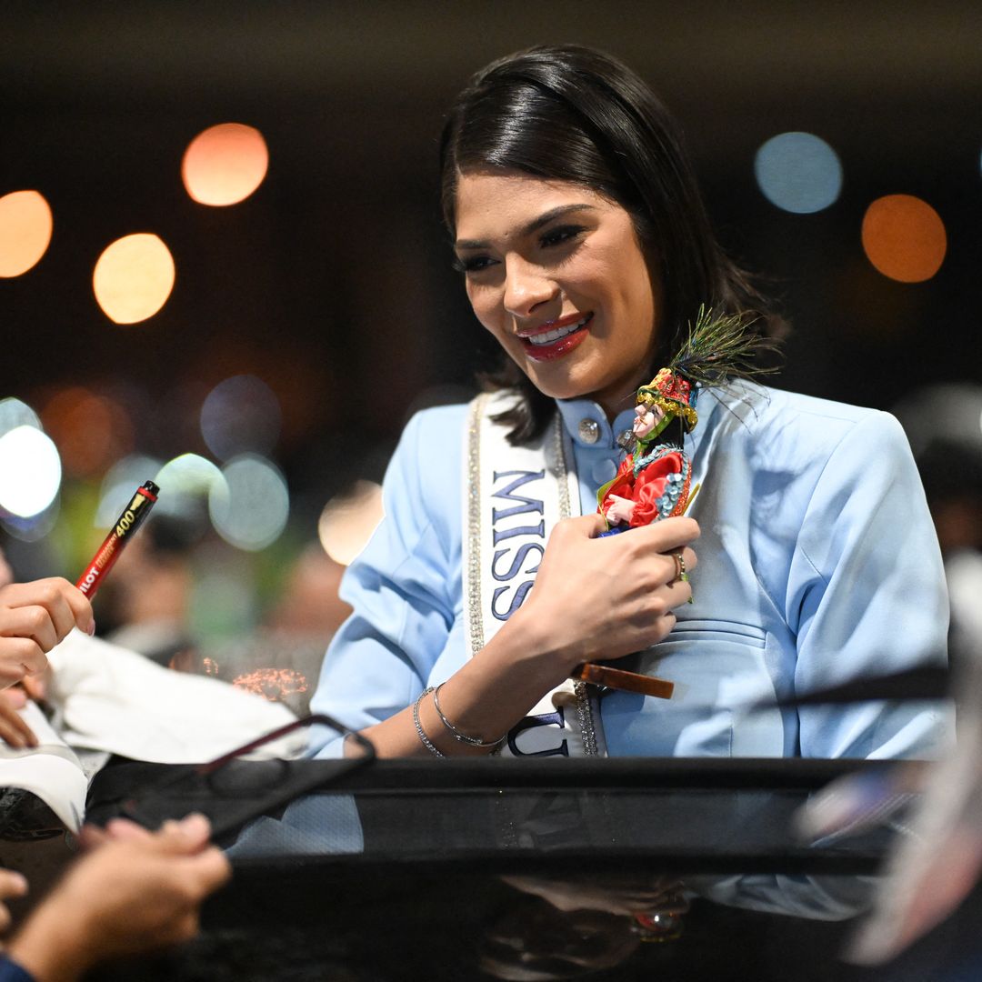 Miss Universe 2023, Nicaraguan Sheynnis Palacios, greets supporters after arriving at La Aurora International Airport in Guatemala City on July 5, 2024. Palacios is in Guatemala to attend Miss Universe Guatemala 2024 on July 7. (Photo by JOHAN ORDONEZ / AFP) (Photo by JOHAN ORDONEZ/AFP via Getty Images)