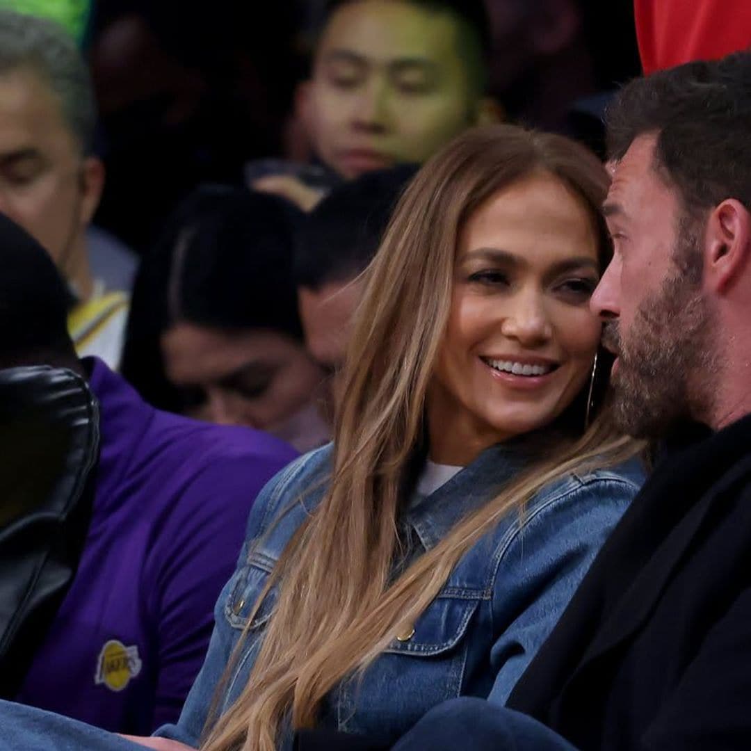 Jennifer Lopez and Ben Affleck sit courtside at a Lakers game