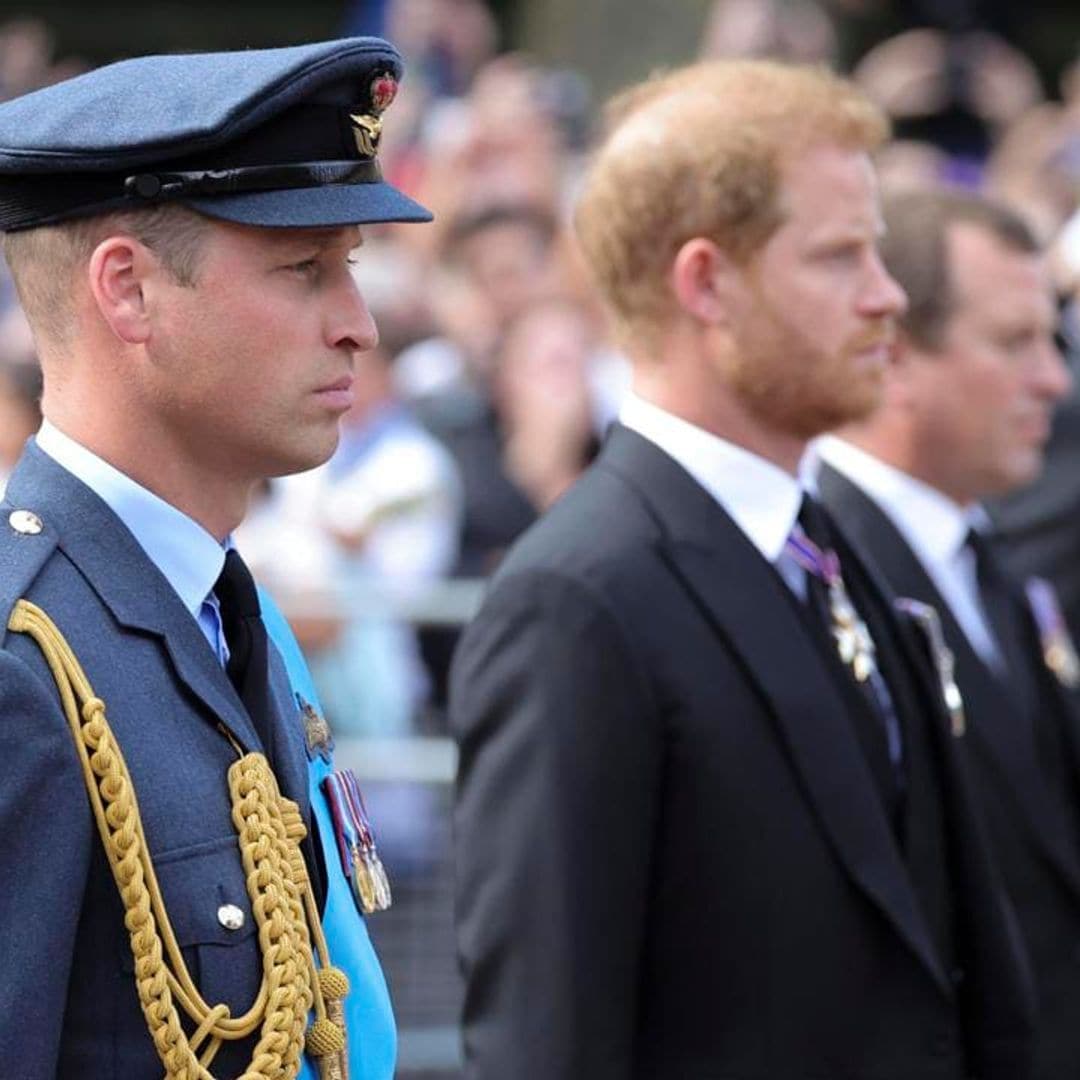 Prince William and Prince Harry walk side by side behind grandmother Queen Elizabeth’s coffin