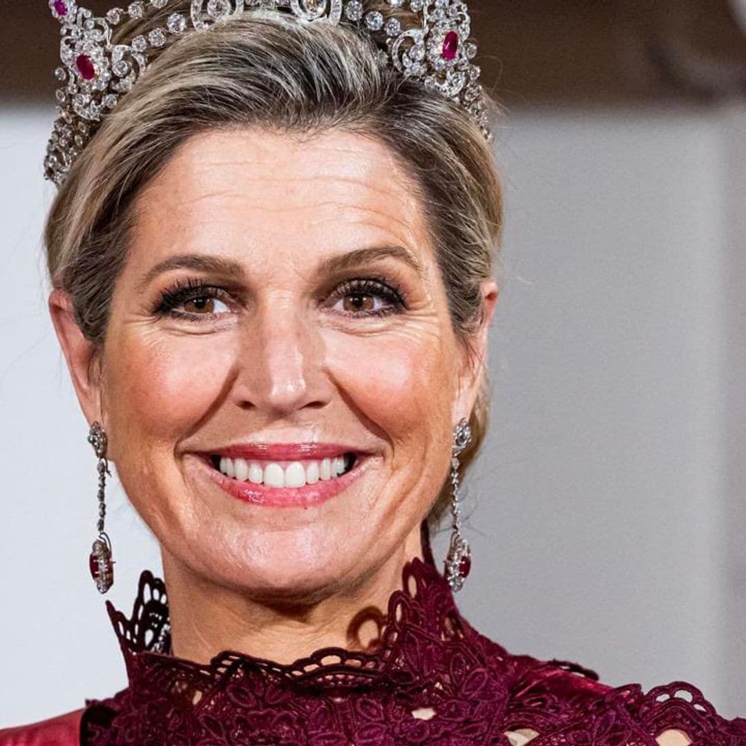 Queen Maxima looks regal in ruby tiara and gown at state banquet