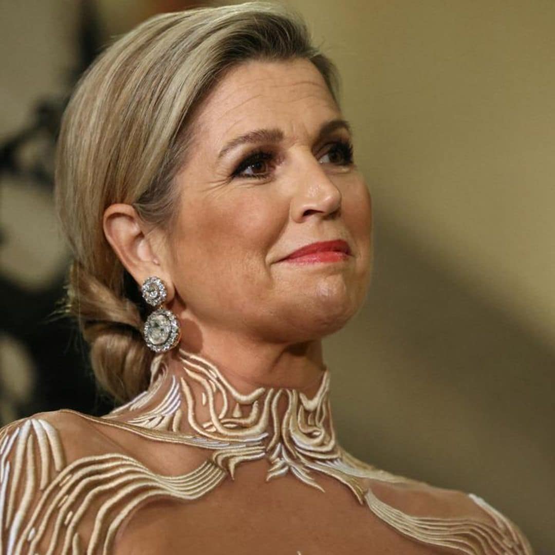 Queen Maxima wows in nude illusion gown in Paris