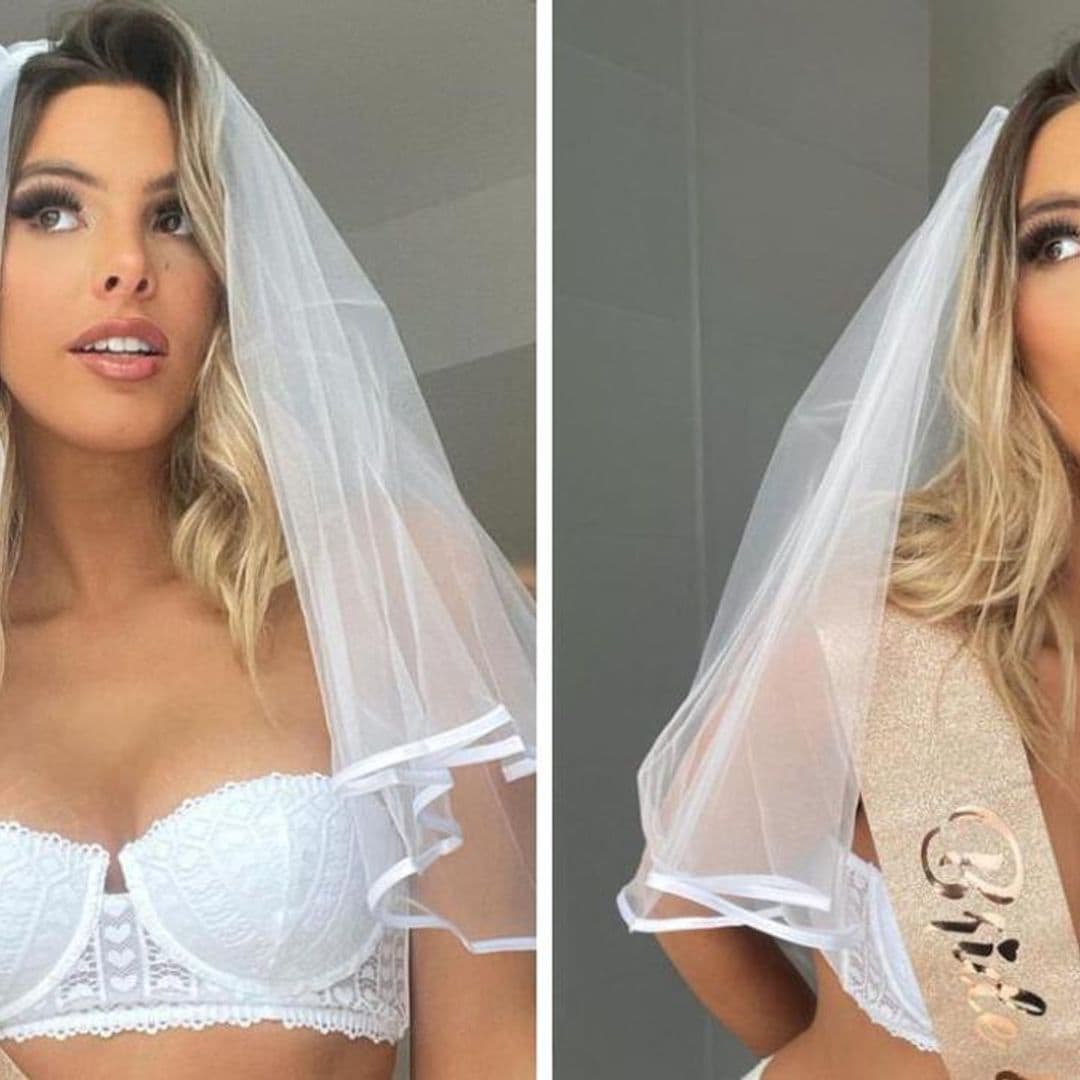 Lele Pons shares a look at her wedding invitation while wearing a bikini and a veil