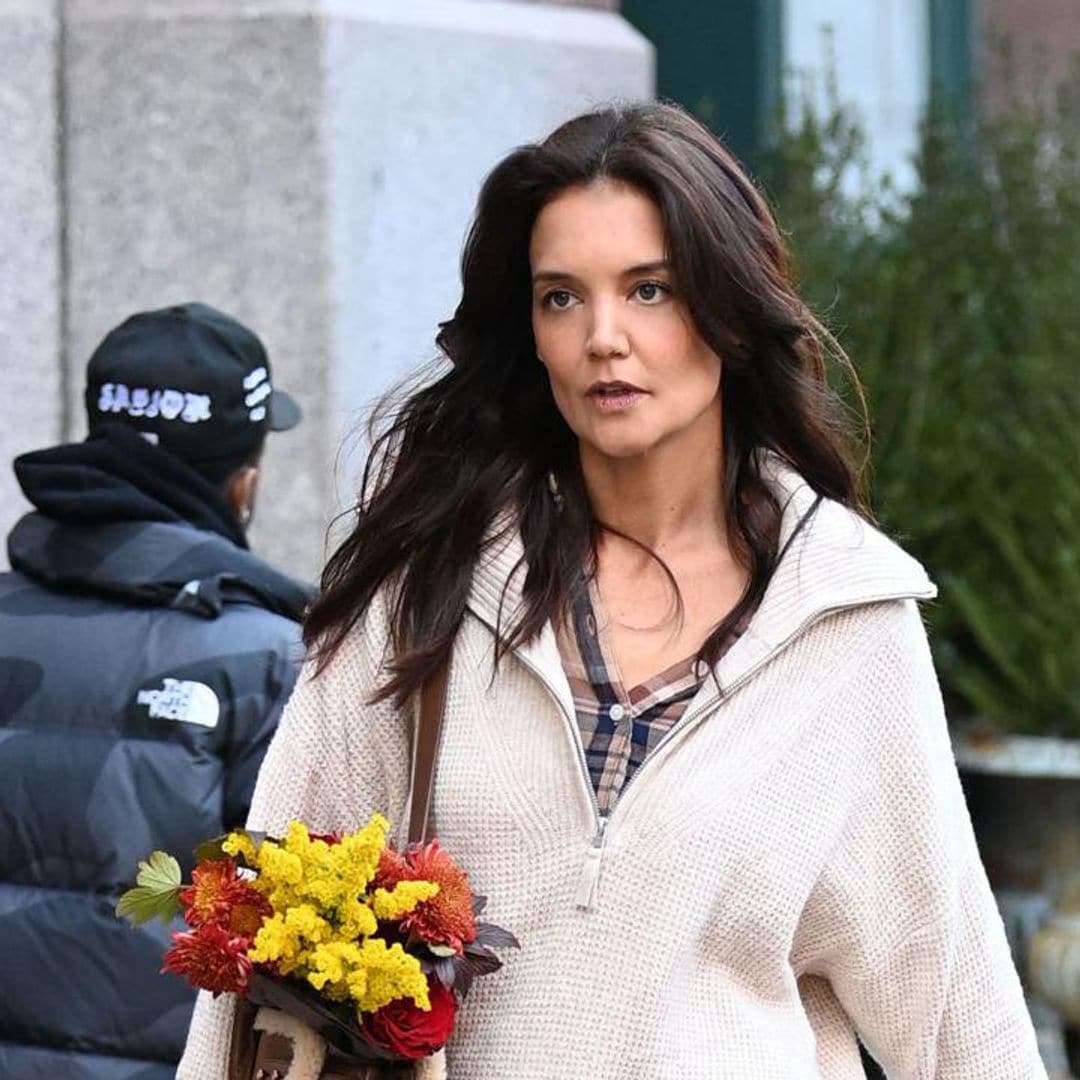 Katie Holmes looks cozy and chic in a matching beige outfit