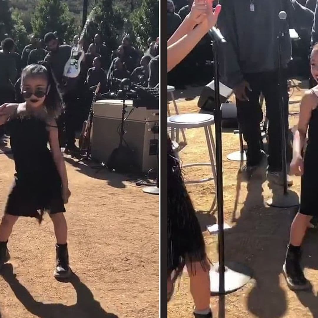 North West goes goth in black dress, boots and matching lipstick at Kanye's church concert