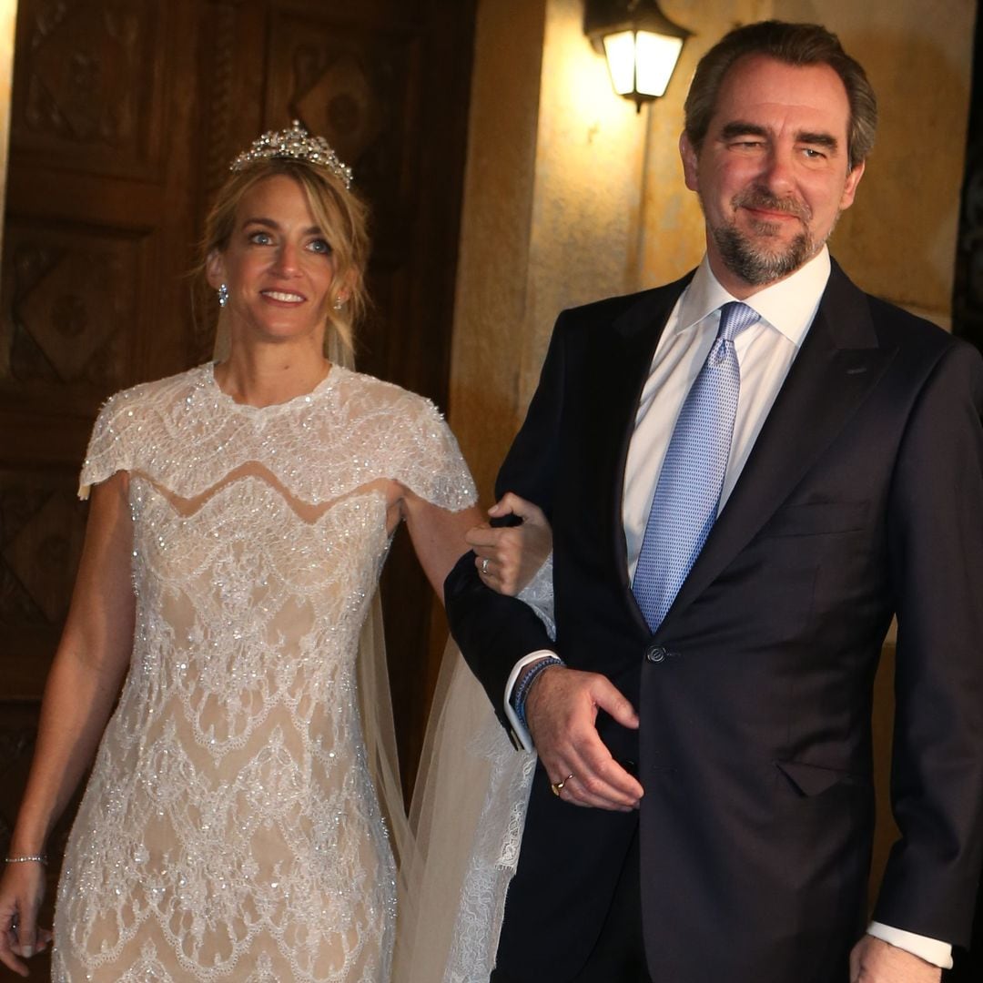 Prince Nikolaos' bride Chrysi Vardinogianni stuns in custom gown and tiara: All the details on her wedding dress