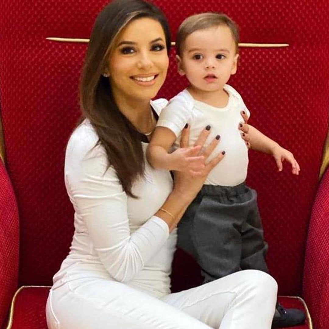 Eva Longoria and son Baby Santi break out serious dance moves as they meet Santa