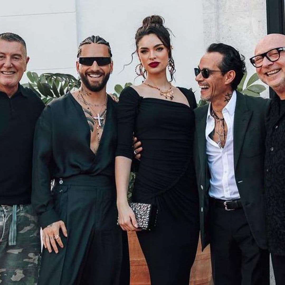 Marc Anthony, Nadia Ferreira, and Maluma sit front row at Dolce & Gabbana’s latest fashion show in Miami