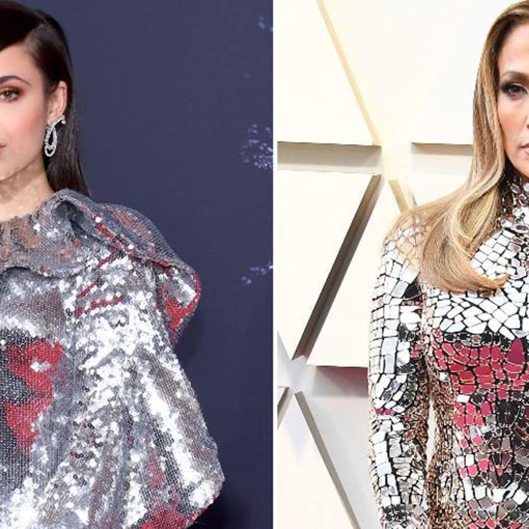 Sofia Carson takes a page out of Jennifer Lopez's red carpet look with silver mirror dress