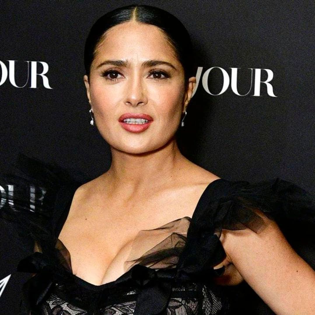 Salma Hayek wears a lacy black gown and parties at NYC event