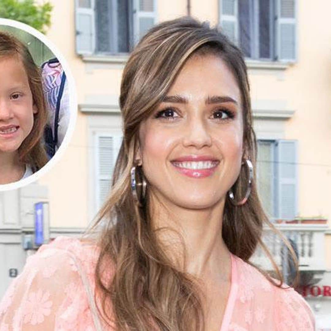 Jessica Alba and her daughter stretch it out in a mother-daughter workout session