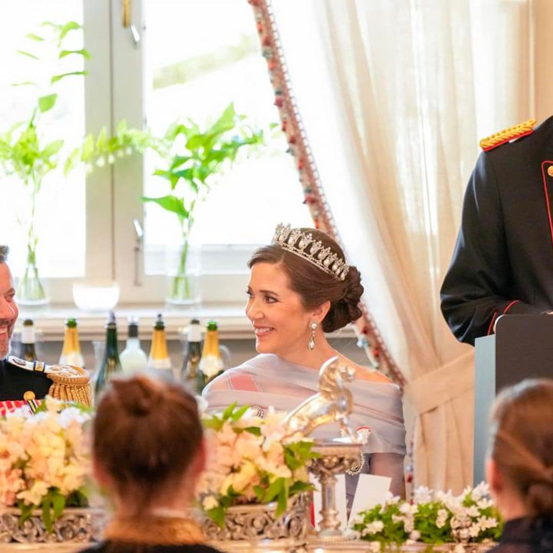 Mary looks every inch a Queen on her wedding anniversary wearing Pearl Poiré tiara for the first time