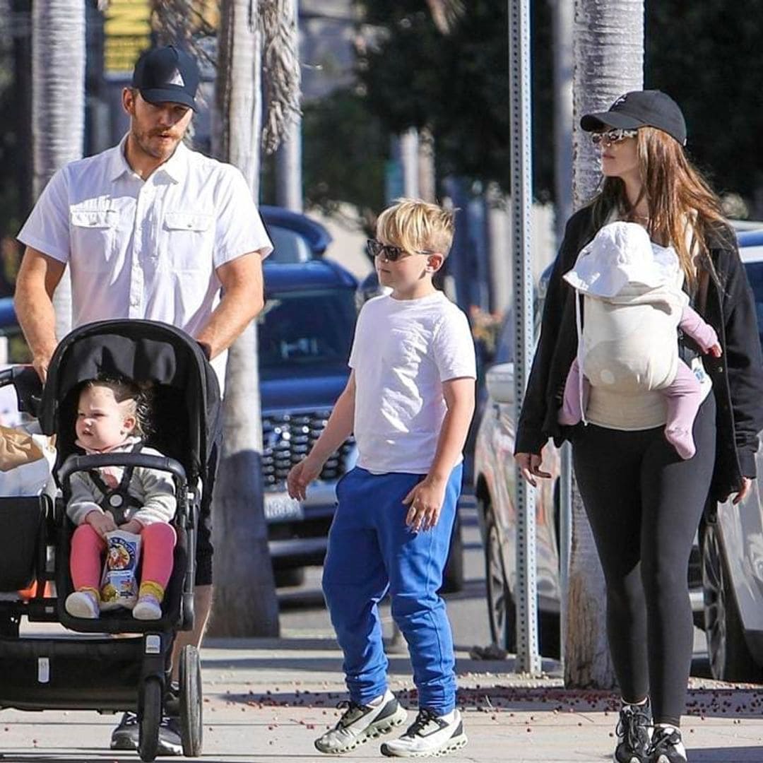 Chris Pratt, Katherine Schwarzenegger & their kids on a walk