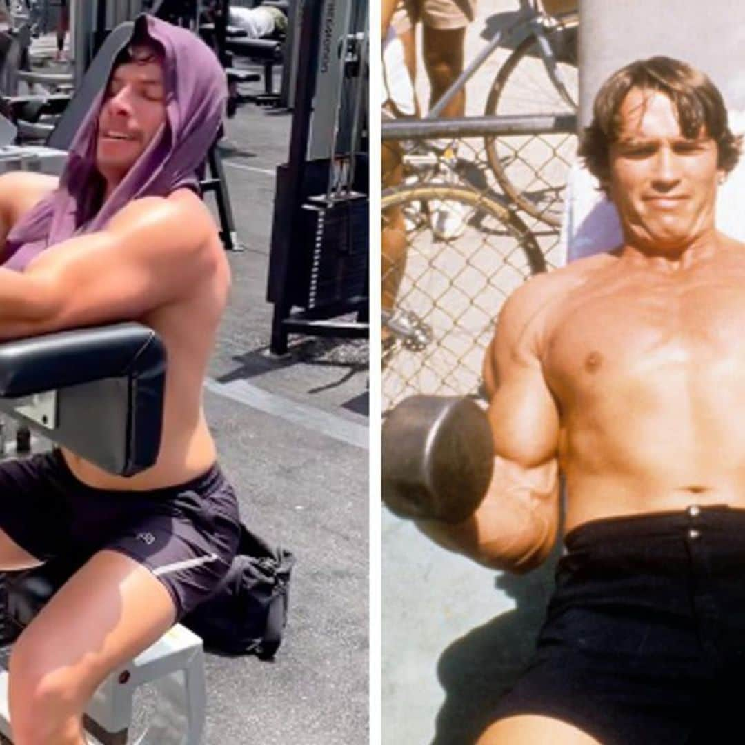 Arnold Schwarzenegger’s son Joseph Baena pumps iron at an outdoor gym like dad in the ‘70s