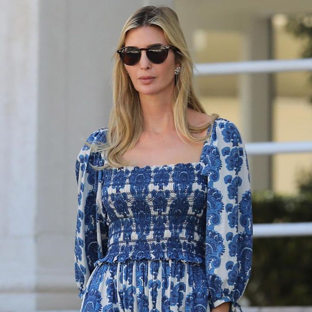 Ivanka Trump steps out in a blue drapey dress in Miami