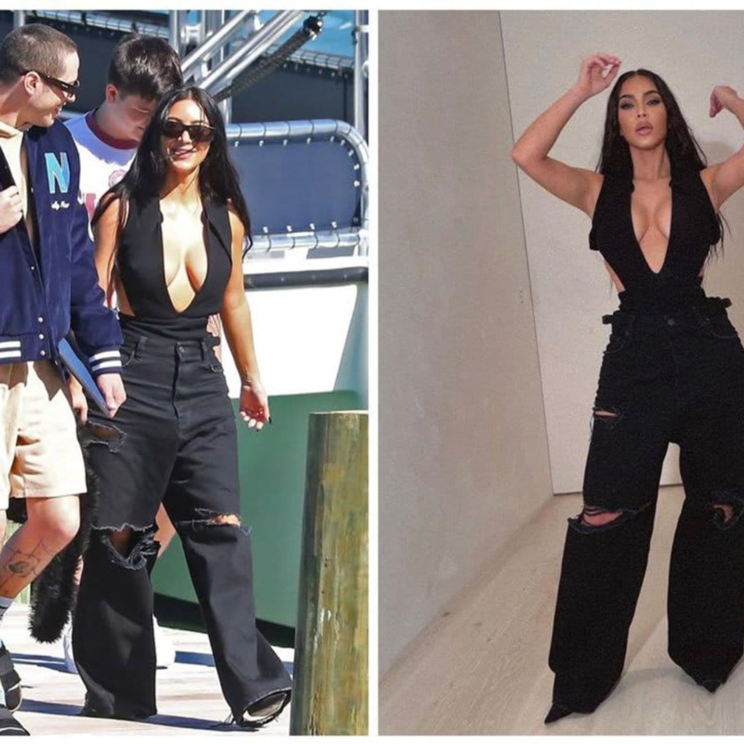 Kim Kardashian models the same outfit she wore during her first romantic vacation with Pete Davidson