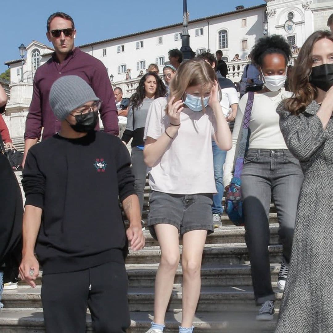 Angelina Jolie and her children explore the Spanish Steps ahead of the 16th Rome Film Fest