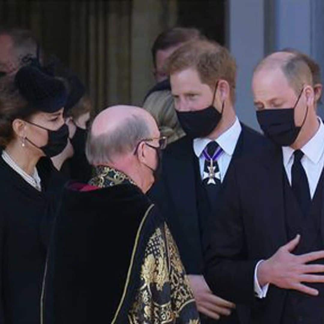 Watch Harry, William and Kate leave Prince Philip’s funeral together