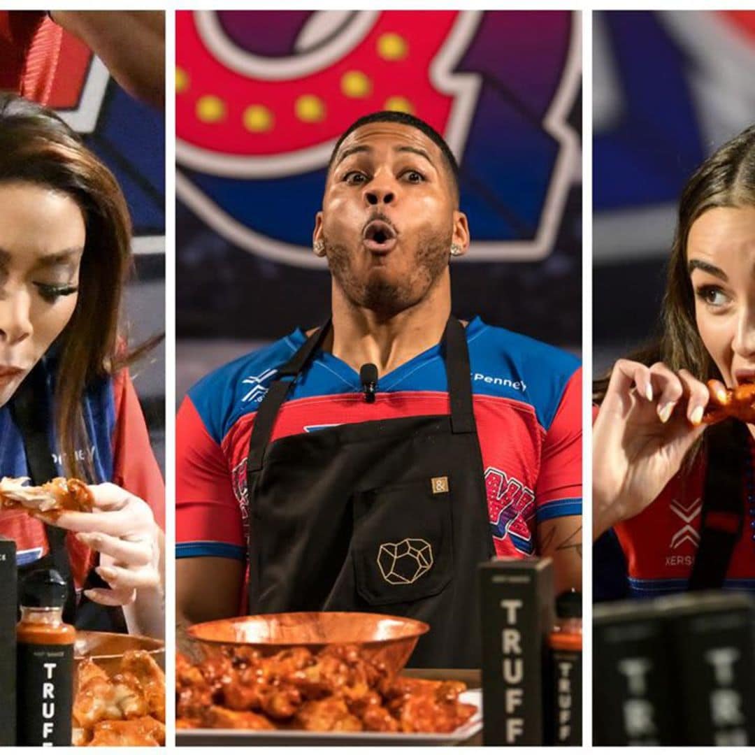 Olivia Culpo, Winnie Harlow, and Nelly competing at the hot wing eating contest