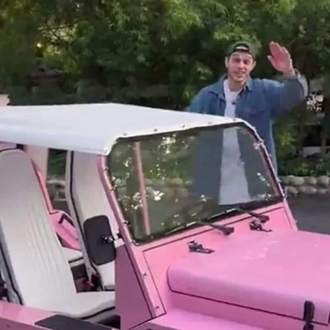 Pete in pink! Kim Kardashian’s boyfriend drives her custom Moke electric car