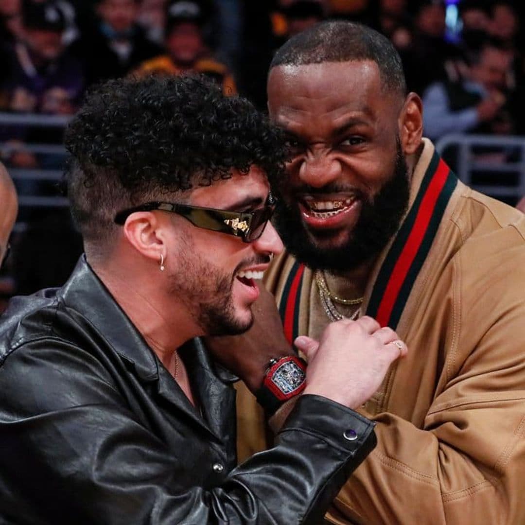 Bad Bunny and Eladio Carrion link up with LeBron James and Kevin Hart at the Lakers game