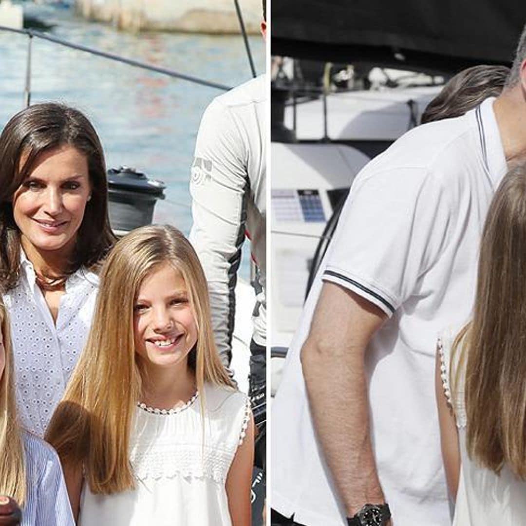 Queen Letizia and daughters cover King Felipe in kisses as they kick off Mallorca vacation