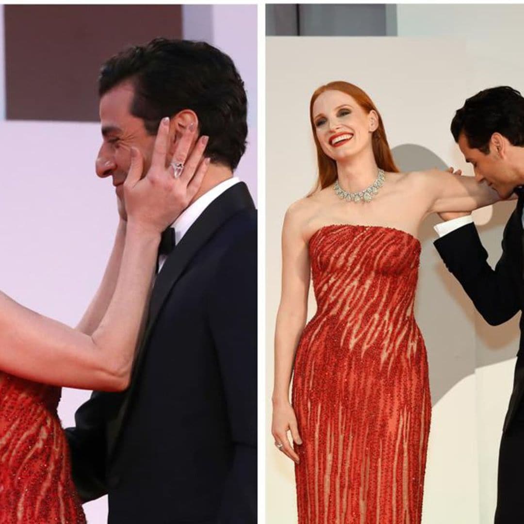 Jessica Chastain reacts to her and Oscar Isaac’s sexy red carpet chemistry