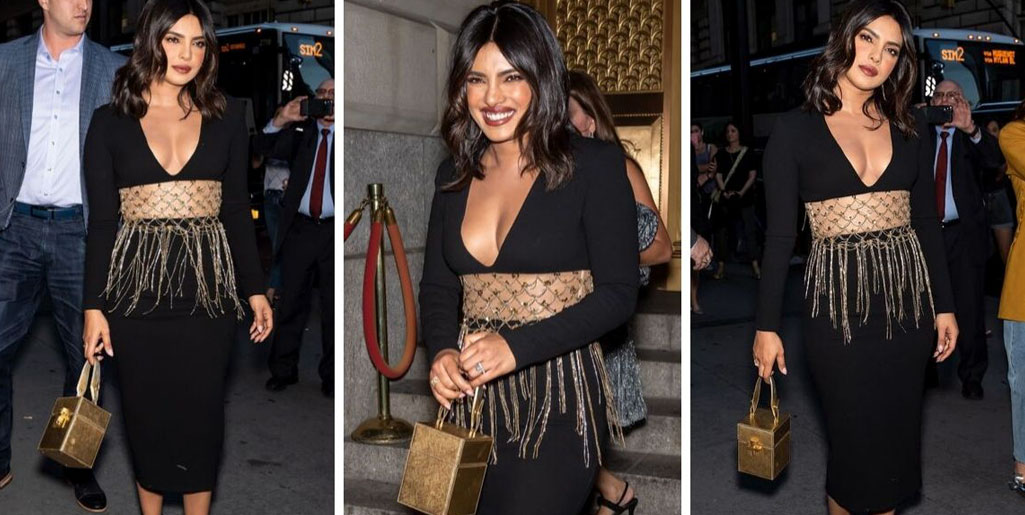 VERSACE on X: Priyanka Chopra spotted sporting her #VersaceVirtus tote bag.  The versatile style is expertly crafted in Italy from smooth leather and  embellished with gleaming V-letter hardware. #VersaceCelebrities